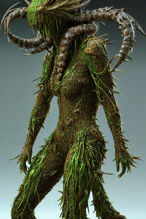 Image similar to skin concept costume, in full growth, biopunk, plant predator, predator, trypophobia, plants and worms, many details, crystals, guyver style, 3 d, cinematic, hyper realism, high detail, octane render, art by hans giger