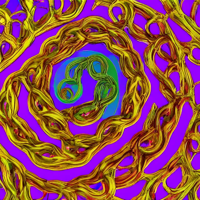 Image similar to serpentine ouroboros devouring itself onto infinity fractal dimensions symmetrical, chromatic aberration polychromatic color scheme