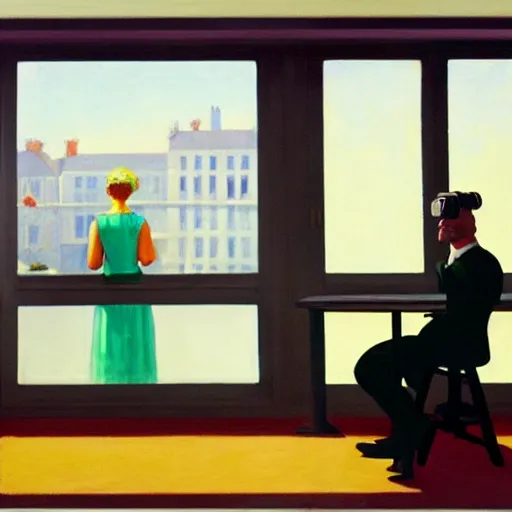 Image similar to A fine art painting of a man wearing Vr goggles at a desk through a window on a British street. In the style of Edward Hopper and Wes Anderson