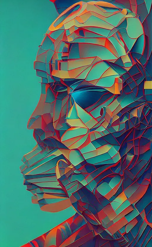 Image similar to portrait of abstract visual artificial intelligence face chromatic suit by Petros Afshar and Beeple, Edward Hopper and James Gilleard, Zdzislaw Beksinski, Mark Ryden, Wolfgang Lettl highly detailed