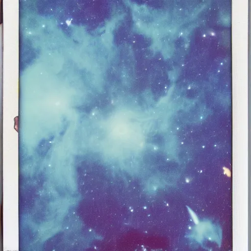 Image similar to vintage polaroid of our galaxy in deep space, detailed clouds, nebula, planets, galaxies, warm azure tones, red color bleed, film grain