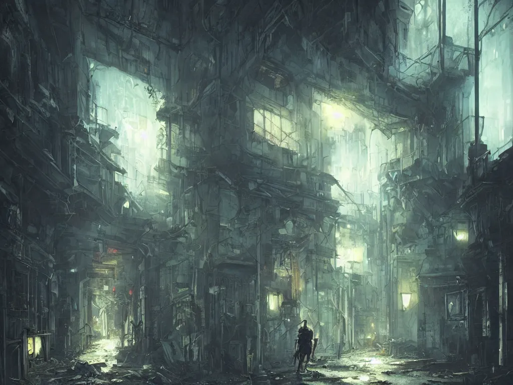 Prompt: a nightscene with a dark alley with large abandoned buildings with graffiti on the walls at the end an illuminated door, by greg rutkowski, futuristic