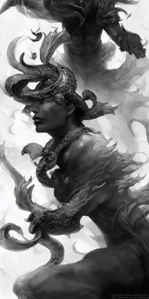 Image similar to highly detailed beautiful black and white photography of a tiefling, sharp focus, dynamic lighting, elegant harmony, beauty, masterpiece, by riccardo federici, by craig mullins, by greg tocchini, by greg rutkowski