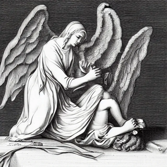 Prompt: autopsy dissection of an angel, 18th century illustration, black and white, concept art