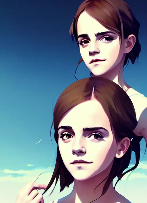 Image similar to portrait of a emma watson by ilya kuvshinov, cloudy sky background lush landscape illustration concept art anime key visual trending pixiv fanbox by wlop and greg rutkowski and makoto shinkai and studio ghibli