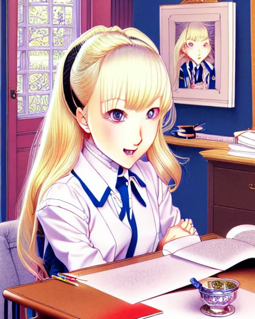 Image similar to illustration depicting a wealthy young mischievous female prep school student with medium length bright blonde hair and pale skin in her father's den, complex artistic style, color ink pen illustration, subtle detailing, illustrated by Artgerm and Range Murata.