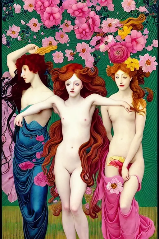 Image similar to 3 Spring Muses symbolically representing March, April, and May, in a style blending Æon Flux, Peter Chung, Shepard Fairey, Botticelli, Ivan Bolivian, and John Singer Sargent, inspired by pre-raphaelite paintings, shoujo manga, and cool Japanese street fashion, dramatically blossoming flora and fauna, petals falling everywhere, pastel vivid triad colors, hyper detailed, super fine inking lines, ethereal and otherworldly, 4K extremely photorealistic, Arnold render