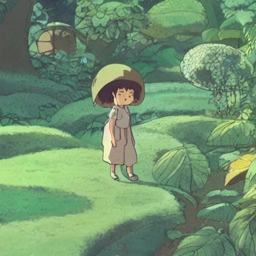 Prompt: Tiny human using leaf as an umbrella in giant garden, by Studio Ghibli, cinematic