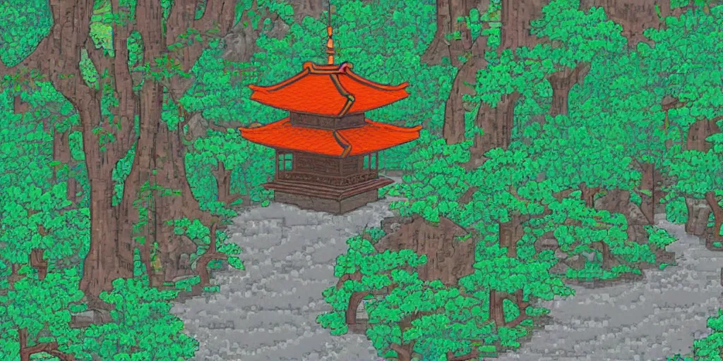 Prompt: old japanese landscape with pagoda, curved trees and rocks, detailed, pixel art