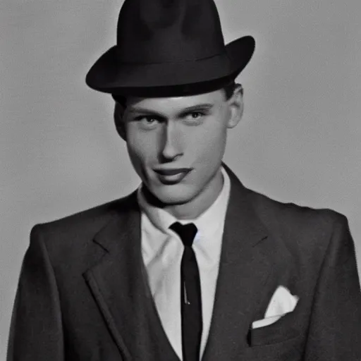 Image similar to A photograph portrait of Jerma985 wearing a suit with and fedora in the 1950s, taken in the early 1950s, grainy, taken on a 1950s Kodak Camera, realistic, hyperrealistic, very realistic, highly detailed, very detailed, extremely detailed, detailed, digital art, trending on artstation