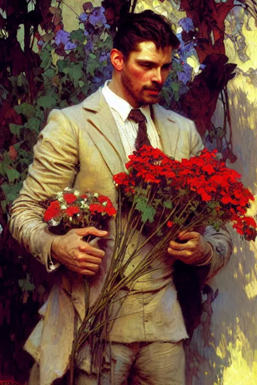 Image similar to attractive man holding flowers, painting by gaston bussiere, craig mullins, greg rutkowski, alphonse mucha