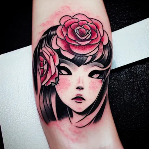 Prompt: tattoo design, stencil, beautiful japanese girls face, roses and ivy surrounding by artgerm, artgerm, cat girl, anime