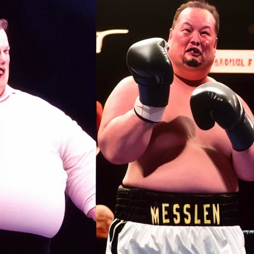 Image similar to obese elon musk fighting obese steven seagal in a boxing match, wet