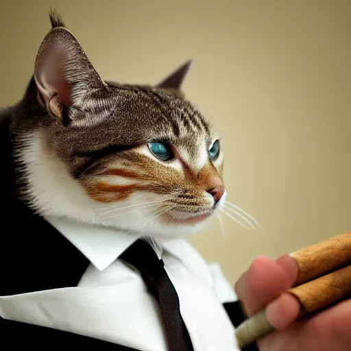 Image similar to a high detail closeup shot of a cat wearing a suit and smoking a cigar