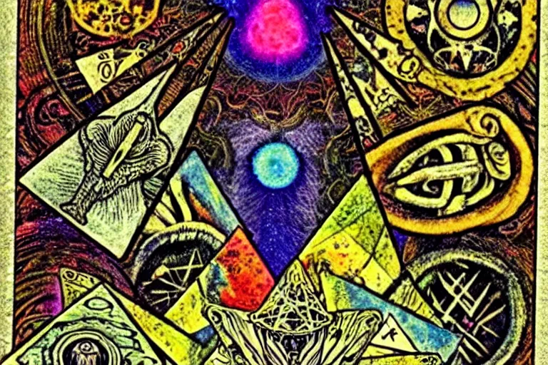 Image similar to a tatterd and torn tarot card that reads lsd is good, psychedelic, old, paper texture, da vinci code, geometry, mushrooms