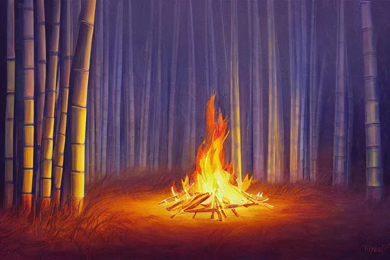 Prompt: A beautiful painting of a bonfire in a bamboo forest at night. By Tyler Edlin, volumetric lighting