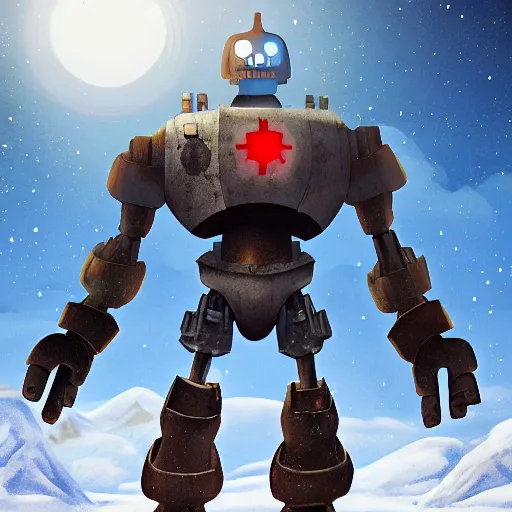 Prompt: the iron giant standing stoically in the snow after a battle with the U.S.millitary, full body image, highly detailed, deep aesthetic, 4k, highly ornate intricate details, rich colors, digital artwork, symmetrical, ray tracing,