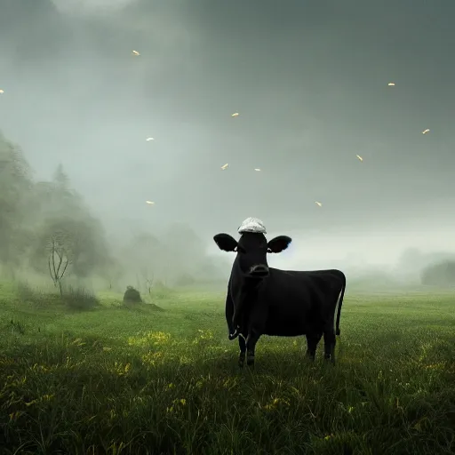 Prompt: a detailed matte landscape painting of a cow standing in a grassy field wearing a witch hat, cow wearing hat!!!! viewed in profile, fog and flying glowing moths in the background, ultrawide lens, aerial photography, black and blue color scheme with gold highlights, in the style of discworld and harry potter, 8 k, octane render