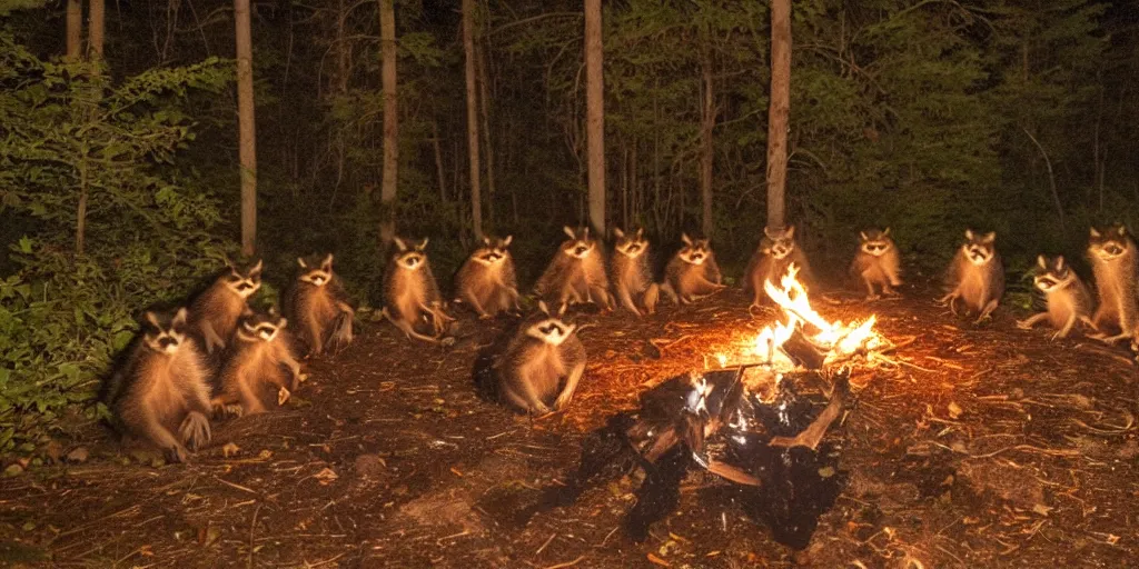 Image similar to a group of racoons sitting around a campfire in the middle of the forest, surrounded by fireflies. photograph