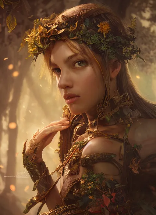 Image similar to Beautiful art portrait of a female fantasy ranger in a bright temple surrounded by lush forest, atmospheric lighting, intricate detail, cgsociety, hyperrealistic, octane render, RPG portrait, ambient light, dynamic lighting