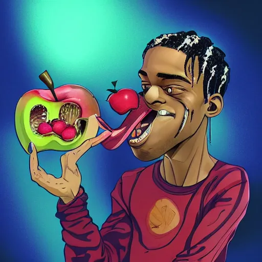 Prompt: caricature of travis scott eating apple, artstation, 8 k, cgsociety, high detalied, high quality,