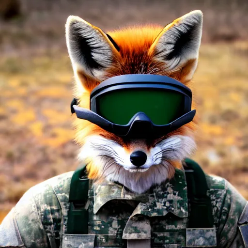 Prompt: a fluffy Fox dressed in a modern American military soldier uniform with night vision goggles, 85mm f/1.4