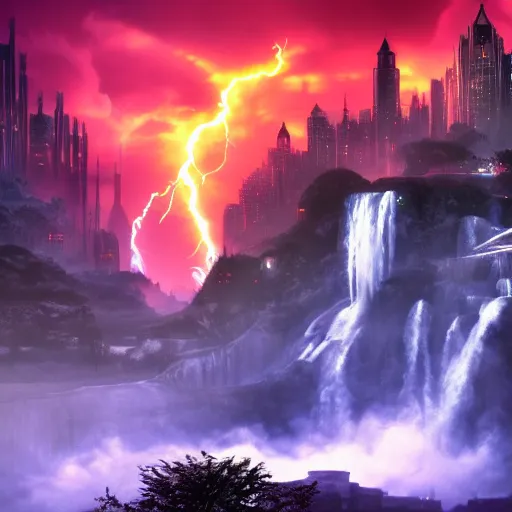 Image similar to a fantasy city with waterfalls gothic cyberpunk, cinematic lightning, clouds epic ultrawide