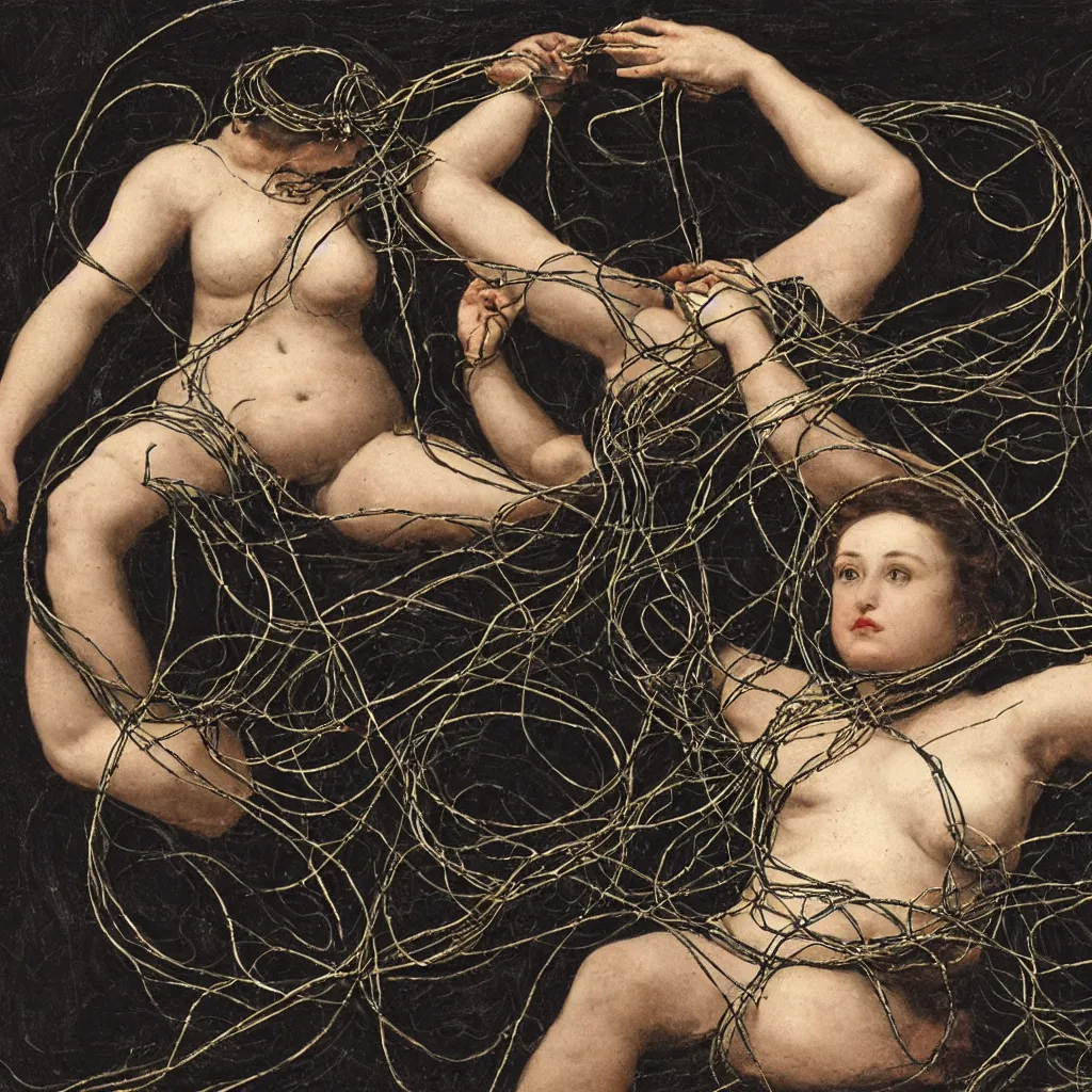 Prompt: a woman entangled in the thick black cables in the style of the laocoon of the vatican