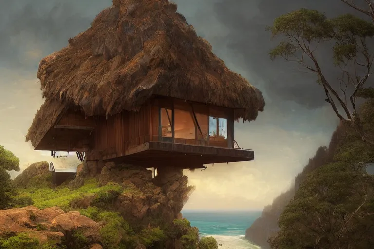 Image similar to lovely a - frame home sits atop a broad cliff | overlooking the entirety of the blue sky | digital painting by greg rutkowski and gaston bussiere | zbrush | cgsociety contest winner | comprehensive art | intricate | landscape photography | brightly radiant atmosphere | overcast sky | homogeneous to hawaii | 4 k | 8 k