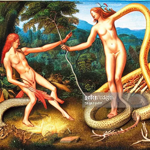 Image similar to adam and eve siting in the garden of eden rosting a snake over a campfire ultrarealistic 1 5 0 mpx