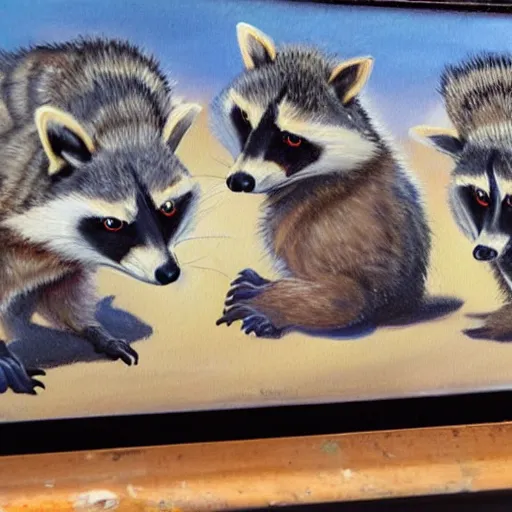 Prompt: a painting of a gang of racoons in the bowling alley, causing trouble