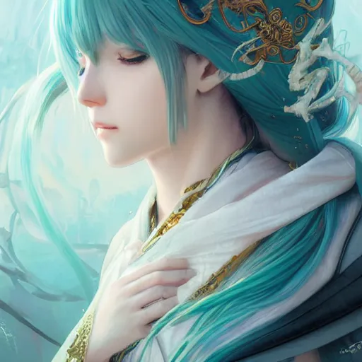 Prompt: portrait of hatsune miku, D&D, fantasy, intricate, elegant, highly detailed, digital painting, artstation, concept art, smooth, sharp focus, illustration, art by artgerm and greg rutkowski and alphonse mucha