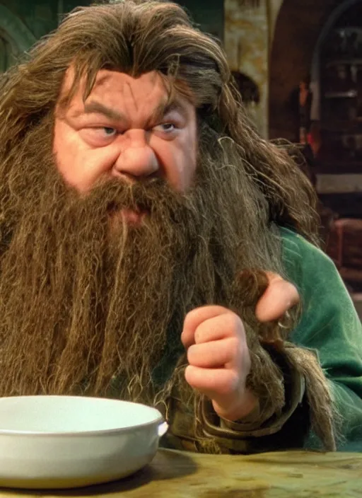 Image similar to PS1 Hagrid messily eating beans