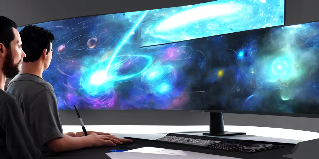 Image similar to a young mage creating a universe in his pc, a male mage in his 2 0 s with black hair sitting in front of wide monitor. hyperrealistic, extremely detailed, award - winning art, trending on artstation