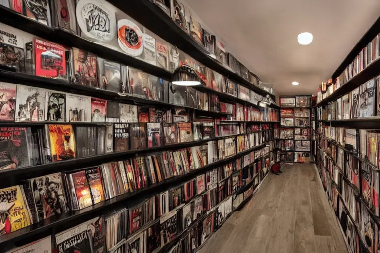 Image similar to Interior design, horror movie inspired vhs rental store, with a lot of posters and movies on the shelves, people trying to choose a good movie, hyper realistic, highly detailed, concept art, low key lighting, high dynamic range, depth of field