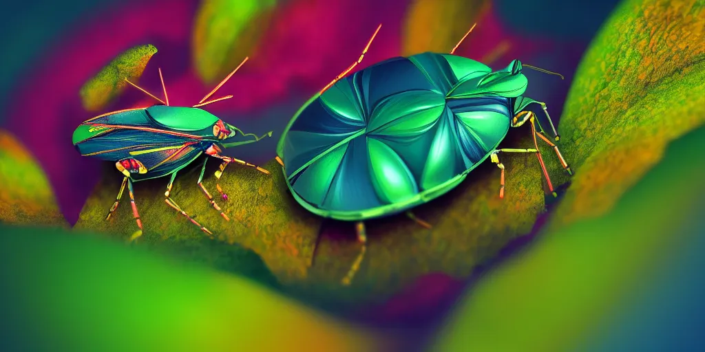 Prompt: of color bugs on top of a green leaf, in the style of gehry and gaudi, macro lens, highly detailed, shallow depth of fielf, digital painting, trending artstation, concept art, illustration, cinematic lighting, vibrant colors, photorealism, epic, octane render
