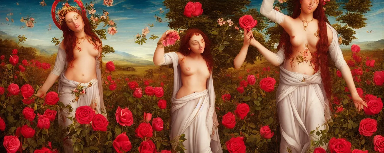 Prompt: the Divine Feminine standing in a field of Roses, Beautiful, Crown of the Gods, Woman, All Races, All Cultures, Female, Birth of creation, Mother Earth, Divinity, Hope, Ethereal, Renaissance Painting, Atmospheric Lighting, artstation trending