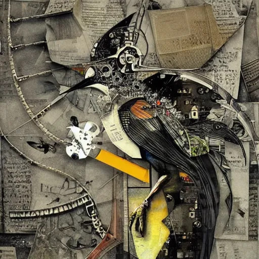 Image similar to a mechanical bird wanders between the cybernetic realms of urban science and social science, collage artwork by dave mckean and ivan shishkin and yoshitaka amano