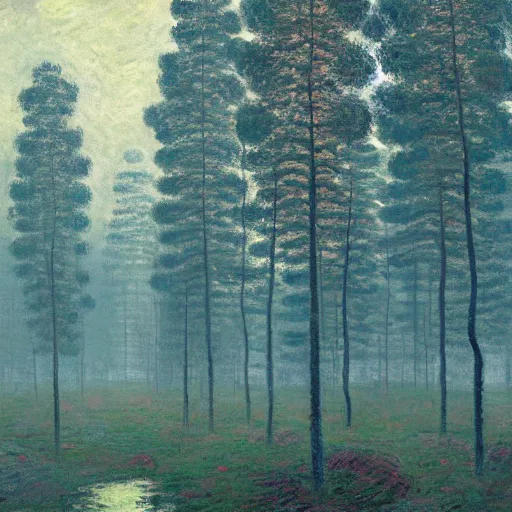 Prompt: A quiet forest by Simon Stålenhag and Claude Monet