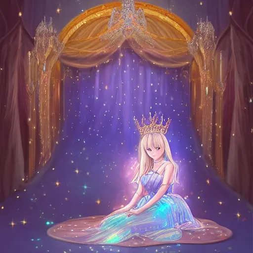 Prompt: young woman with delicate crown in holographic princess dress sitting lazily on a glimmering throne in shimmering thrown room. 🌌🌫, anime, manga, hyper realism, 3 d shading, futuristic, stars twinkling, planets -