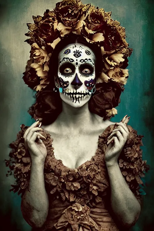 Image similar to calotype, tintype, virgin mary in dia de muertos dress and make up, horrific beautiful vibe, evocative, atmospheric lighting, painted, intricate, highly detailed, leesha hannigan, wayne haag, reyna rochin, ignacio fernandez rios, mark ryden, iris van herpen, stunning, gorgeous, sharp focus, cinematic, masterpiece