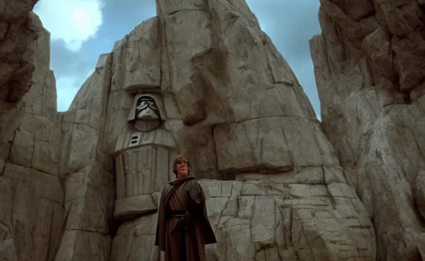 Image similar to screenshot of low angle wide shot of Luke skywalker, played by mark hammill,looking up to a large stone sculpture of an ancient Jedi master in robe, looming in the sky outside the rocky Jedi Temple, a female sith lord in white approaches with a lightsaber, scene from The Lost Jedi Star Wars film made in 1980, directed by Stanley Kubrick, serene, iconic scene, hazy atmosphere, stunning cinematography, hyper-detailed, sharp, anamorphic lenses, kodak color film, 4k