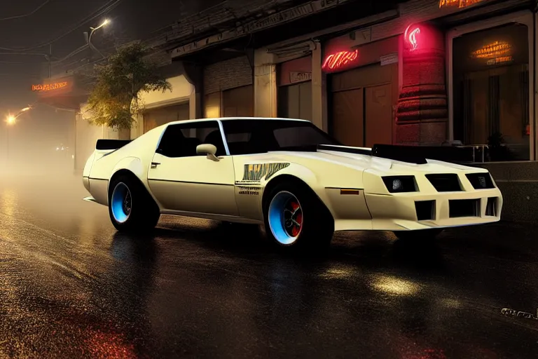 Image similar to hyperdetailed, photorealistic photograph of a 1 9 8 2 pontiac firebird trans - am drifting in the streets, rain, night, dense fog, hd, unreal engine 5 by greg rutowski, by stanley artgerm, by alphonse mucha