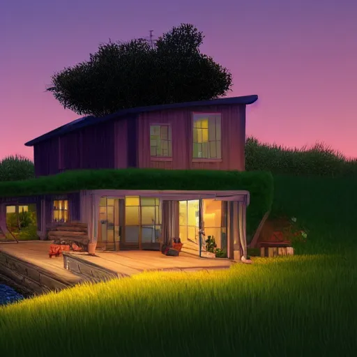 Image similar to a relaxing landscape with a singular house near a river at sunset in Pixar style