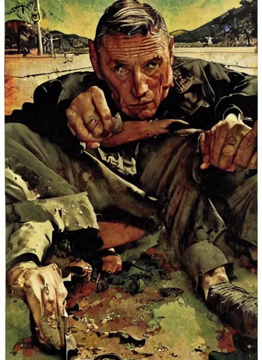 Prompt: dennis hopper crawling around on the floor, painted by norman rockwell and phil hale and rick berry and tom lovell and frank schoonover, green, dystopian
