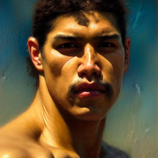 Image similar to a realistic portrait of a good - lookiung chicano swimmer,, high detail, cleary see face, by gaston bussiere, bayard wu, greg rutkowski, odd nerdrum, maxim verehin, dan dos santos, masterpiece, sharp focus, cinematic lightning - h 7 6 8