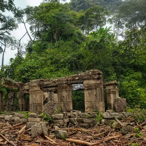 Prompt: ancient ruins found in a jungle, on an abandoned island