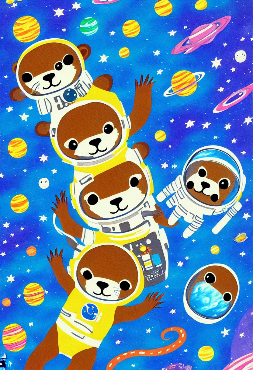 Prompt: childrens storybook cover, gauche painting, a single cute otter astronaut in a space suit floating in outer space. otter space