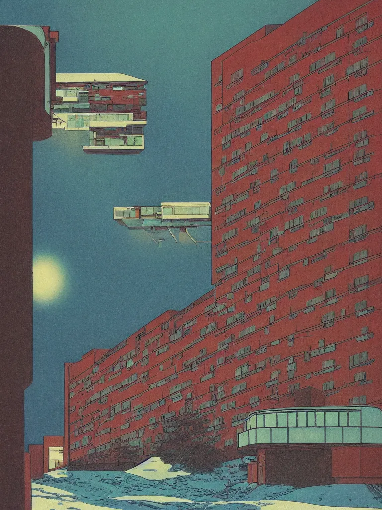 Image similar to a psychedelic hallucination of a brutalist hotel in the snowy mountains, by kawase hasui, moebius, edward hopper, colorful flat surreal design, dramatic lighting, hd, 8 k, artstation