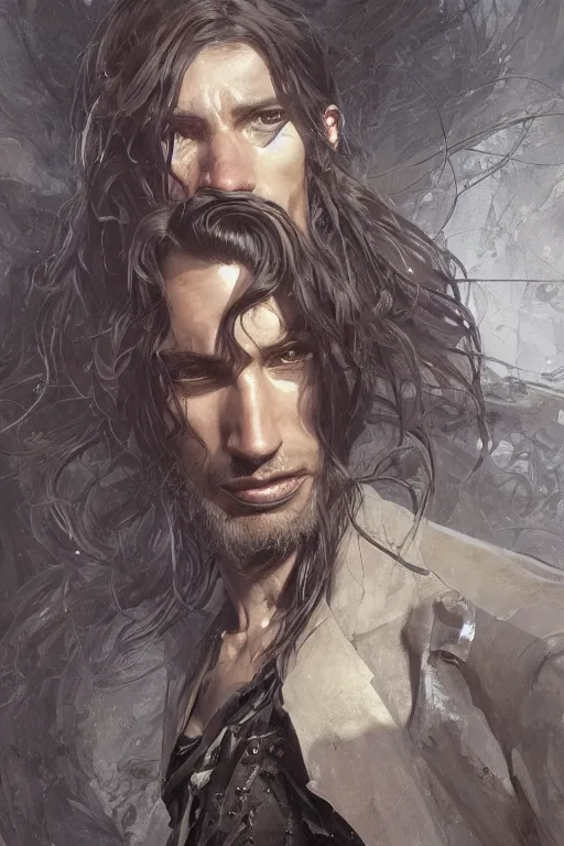 Image similar to skinny male fantasy alchemist, long dark hair, 1 9 th century, elegant, highly detailed, intricate, smooth, sharp focus, artstation, digital paining, concept art, art by donato giancola, greg rutkowski, artgerm, cedric peyravernay, valentina remenar, craig mullins